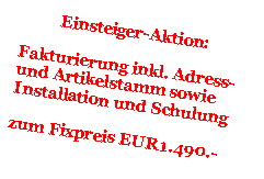 Textfeld:          Einsteiger-Aktion:Fakturierung inkl. Adress-und Artikelstamm sowieInstallation und Schulungzum Fixpreis EUR 1.490.-